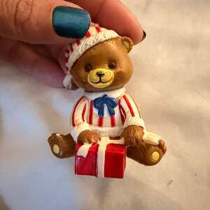 Vintage Teddy Bear Ornament Plastic Christmas Red Pajamas Santa Hats N – ,